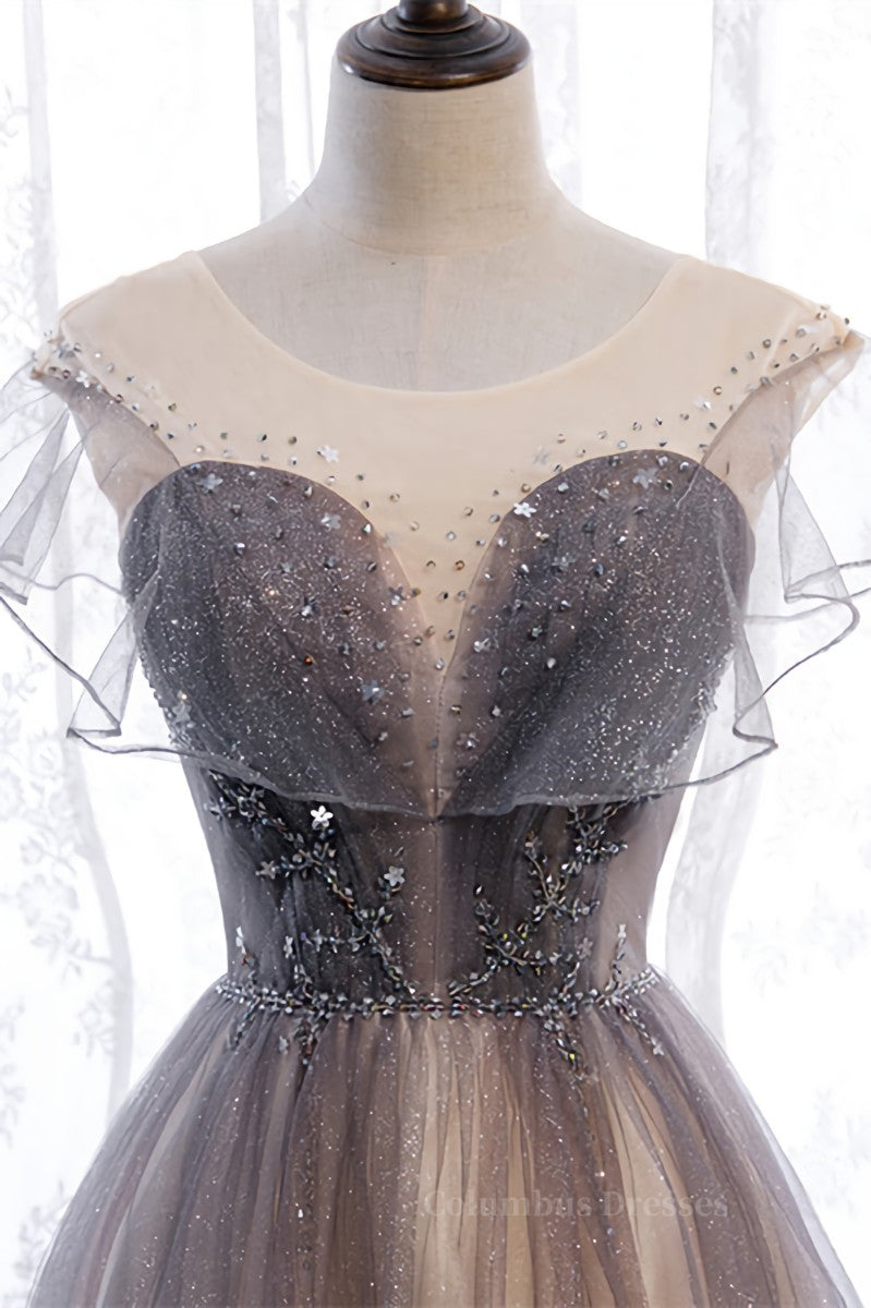 Prom Dresse 2053, Grey A-line Jewel Beaded Ruffle Lace-Up Maxi Formal Dress