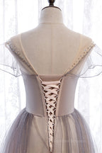 Prom Dresses For Sale, Grey A-line Jewel Beaded Ruffle Lace-Up Maxi Formal Dress