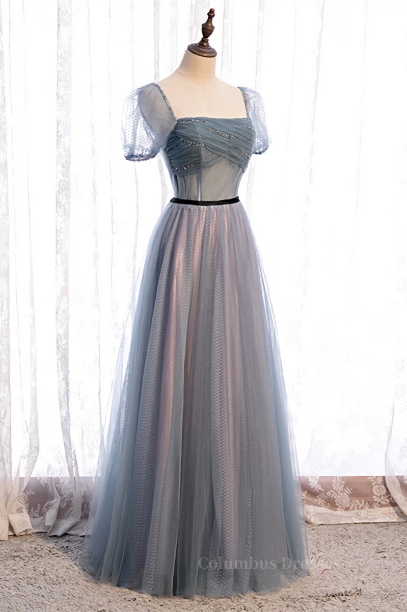 Homecoming Dresses Chiffon, Grey A-line Pleated Beaded Illusion Sleeves Textured Tulle Maxi Formal Dress