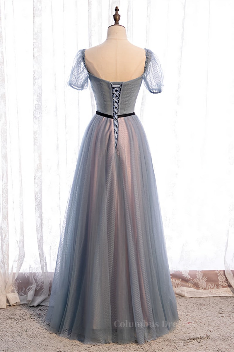 Homecoming Dress Chiffon, Grey A-line Pleated Beaded Illusion Sleeves Textured Tulle Maxi Formal Dress Main image