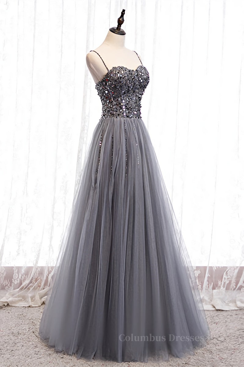 Grey A-line Sweetheart Straps Sequins Top Tulle Maxi Formal Dress Secondary image