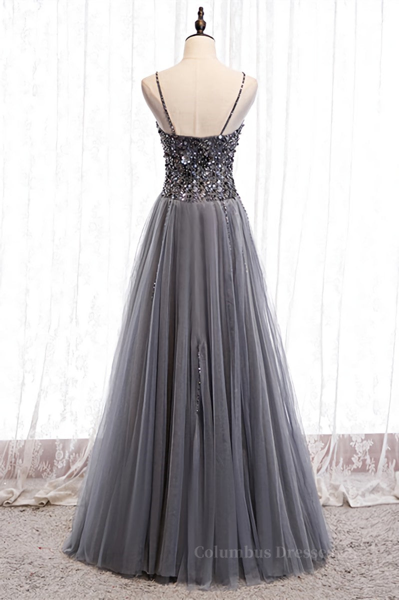 Prom Dresses Ball Gown Style, Grey A-line Sweetheart Straps Sequins Top Tulle Maxi Formal Dress Main image