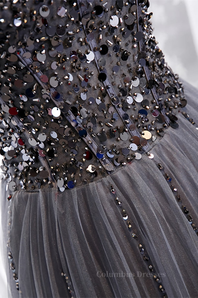 Prom Dresses 2053 Cheap, Grey A-line Sweetheart Straps Sequins Top Tulle Maxi Formal Dress