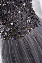 Prom Dresses 2053 Cheap, Grey A-line Sweetheart Straps Sequins Top Tulle Maxi Formal Dress
