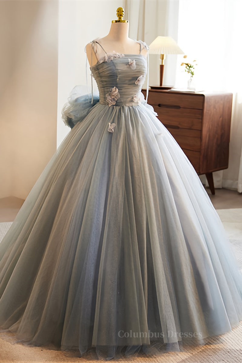 Grey Bow Tie Straps 3D Flowers A-line Long Prom Dress with Bow Secondary image