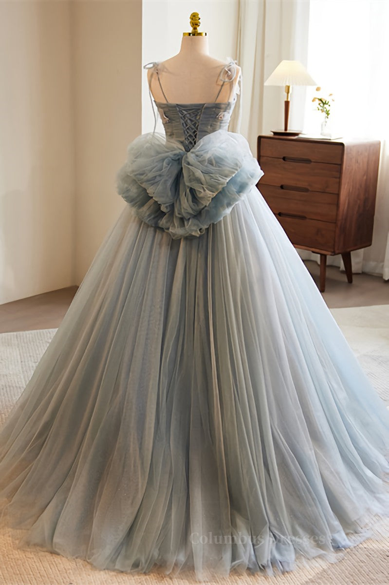 Party Dresses For Wedding, Grey Bow Tie Straps 3D Flowers A-line Long Prom Dress with Bow Main image