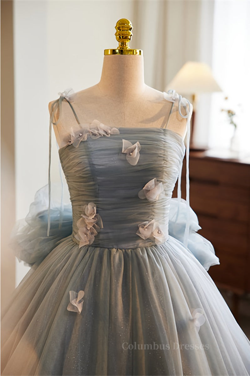 Party Dress Summer, Grey Bow Tie Straps 3D Flowers A-line Long Prom Dress with Bow