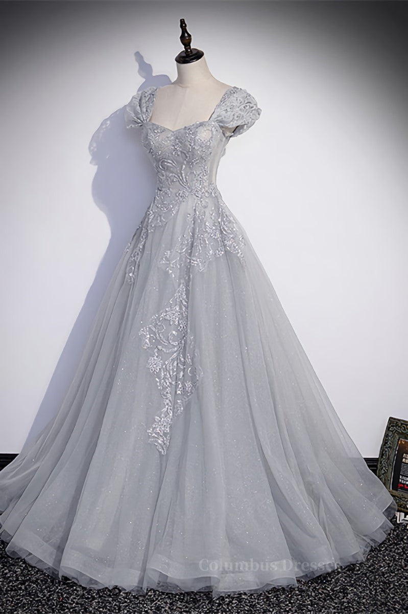 Grey Cap Sleeves Silver Sequins-Embroidered Long Formal Dress Secondary image
