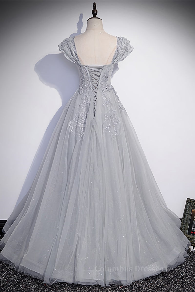 Formal Dresses 2052, Grey Cap Sleeves Silver Sequins-Embroidered Long Formal Dress Main image