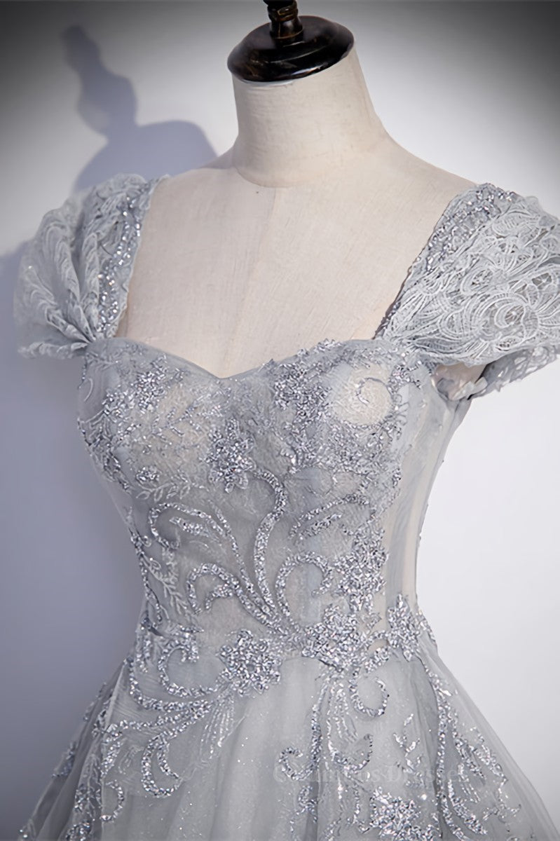 Formal Dresses Vintage, Grey Cap Sleeves Silver Sequins-Embroidered Long Formal Dress