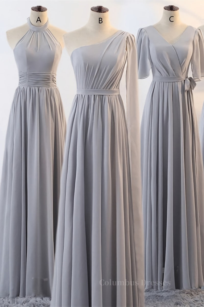 Bridesmaid Dress Colors, Grey Chiffon Long Mismatched Bridesmaid Dresses