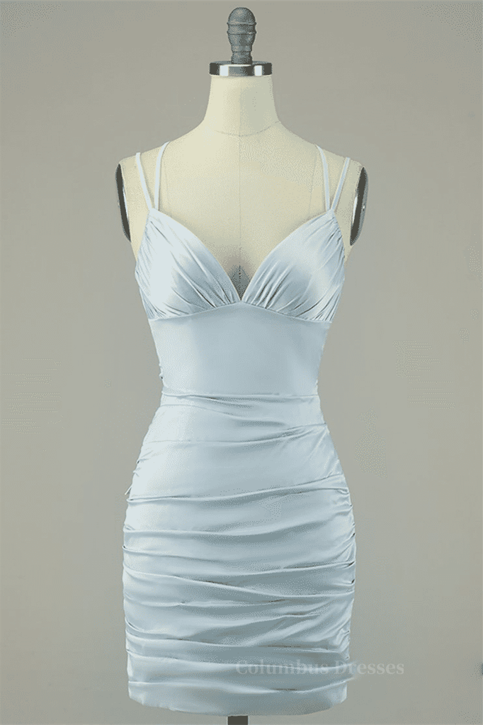 Prom Dress Red, Grey Sheath Double Straps Lace-Up Back Pleated Satin Mini Dress