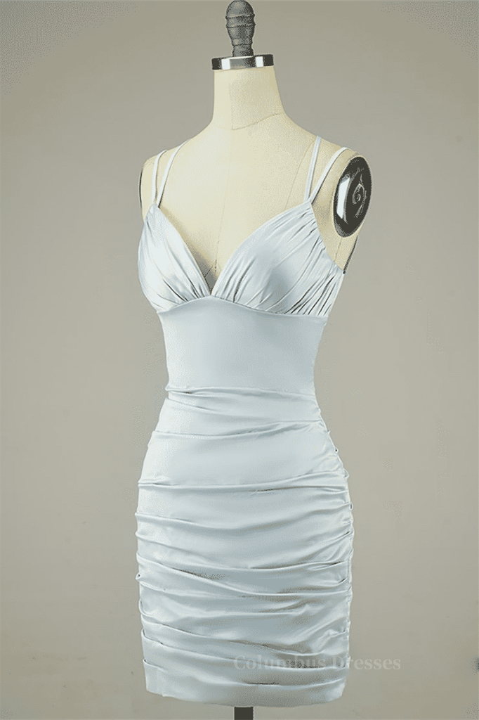 Grey Sheath Double Straps Lace-Up Back Pleated Satin Mini Dress Secondary image