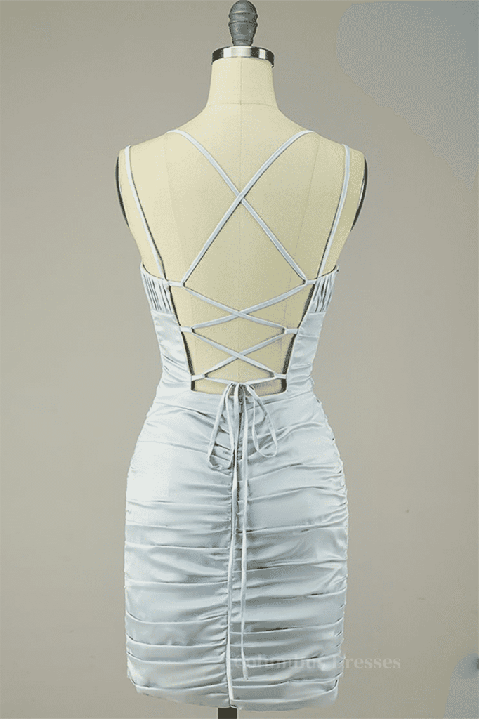 Dress Ideas, Grey Sheath Double Straps Lace-Up Back Pleated Satin Mini Dress Main image