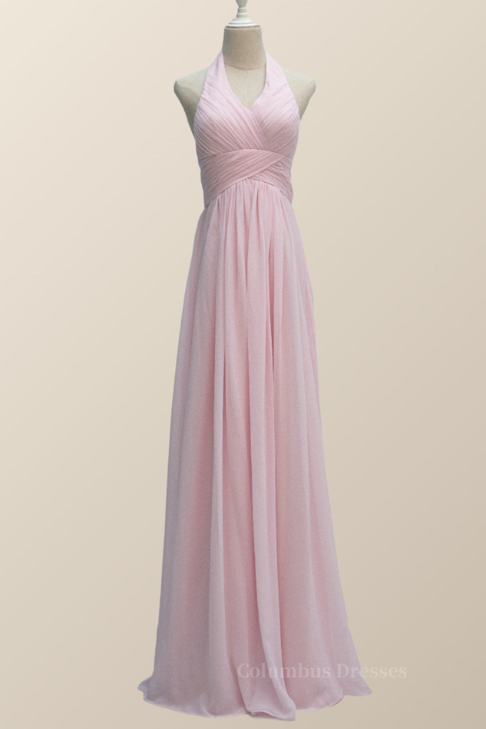Bridesmaids Dresses Winter, Halter Pink Chiffon A-line Long Bridesmaid Dress