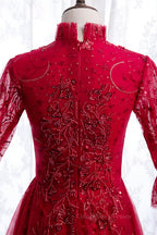 Long Formal Dress, High Neck Long Sleeves Beading-Embroidered Long Formal Dress
