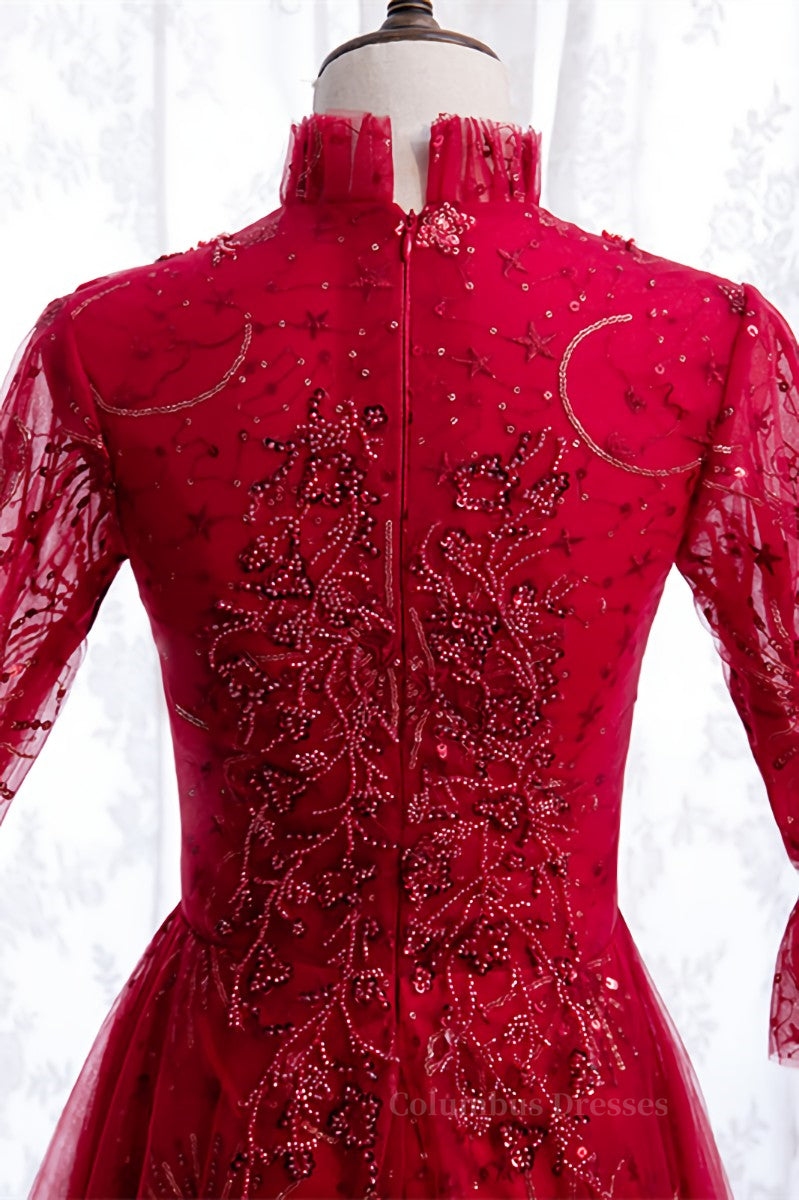 Long Formal Dress, High Neck Long Sleeves Beading-Embroidered Long Formal Dress