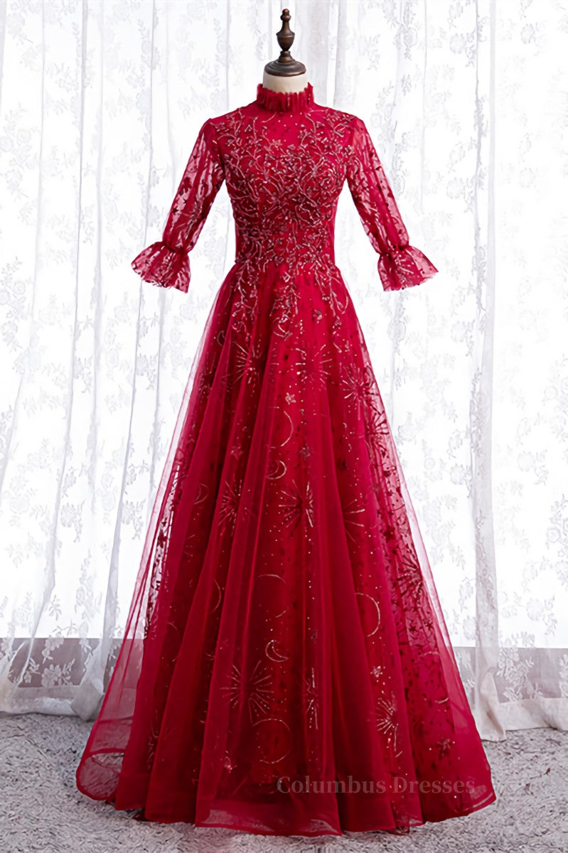 Flowy Prom Dress, High Neck Long Sleeves Beading-Embroidered Long Formal Dress