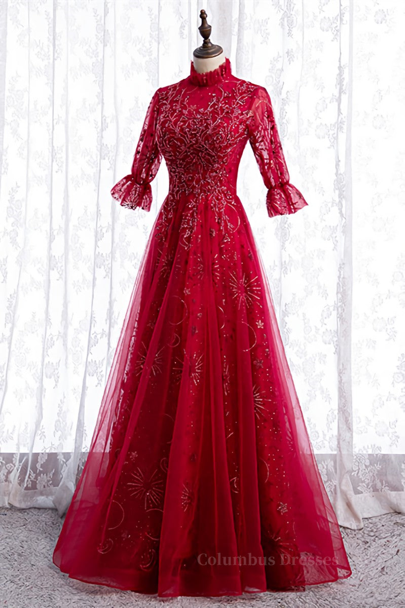 Dream Dress, High Neck Long Sleeves Beading-Embroidered Long Formal Dress