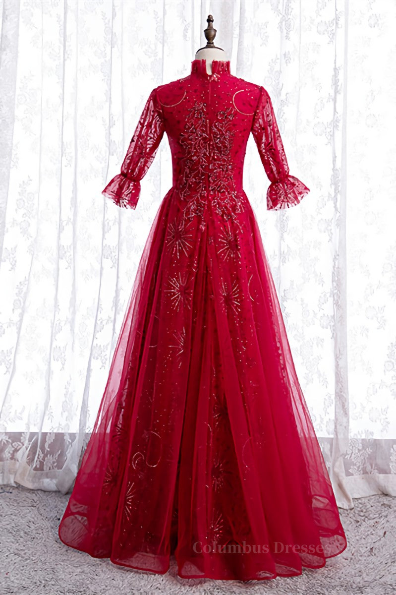 Elegant Dress For Women, High Neck Long Sleeves Beading-Embroidered Long Formal Dress