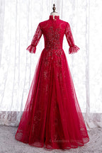 Elegant Dress For Women, High Neck Long Sleeves Beading-Embroidered Long Formal Dress