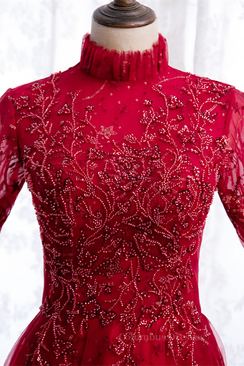 Long Dress Outfit, High Neck Long Sleeves Beading-Embroidered Long Formal Dress