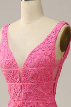 Bridesmaid Dress With Lace, Hot Pink Appliques Plunging V Neck Mermaid Long Prom Dress