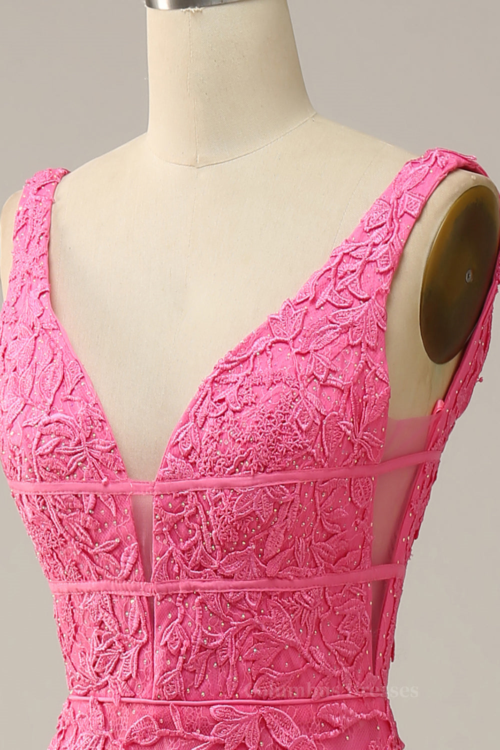 Bridesmaid Dress With Lace, Hot Pink Appliques Plunging V Neck Mermaid Long Prom Dress