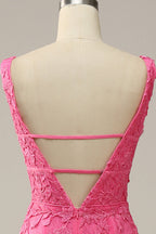 Bridesmaids Dresses With Lace, Hot Pink Appliques Plunging V Neck Mermaid Long Prom Dress