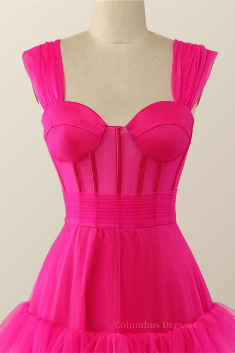 Bridesmaid Dresses Fall Wedding, Hot Pink Corset Tiered Layers Long Dress Main image
