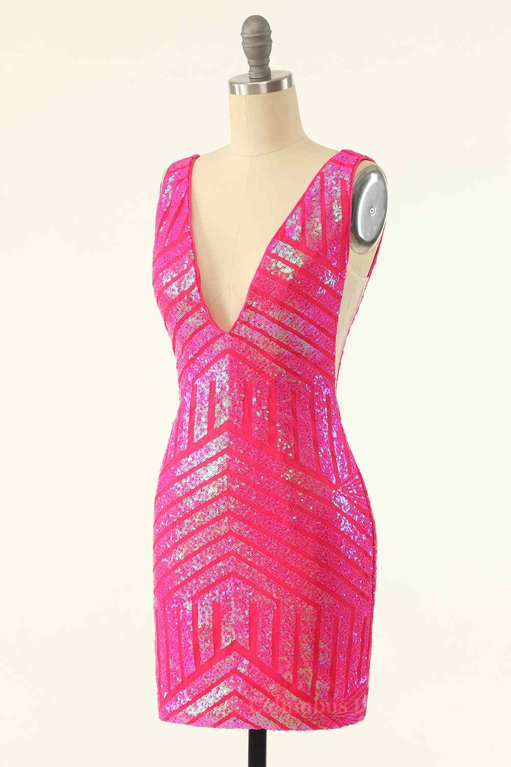 Party Dresses Clubwear, Hot Pink Sheath V Neck Sequin-Embroidered Mini Homecoming Dress