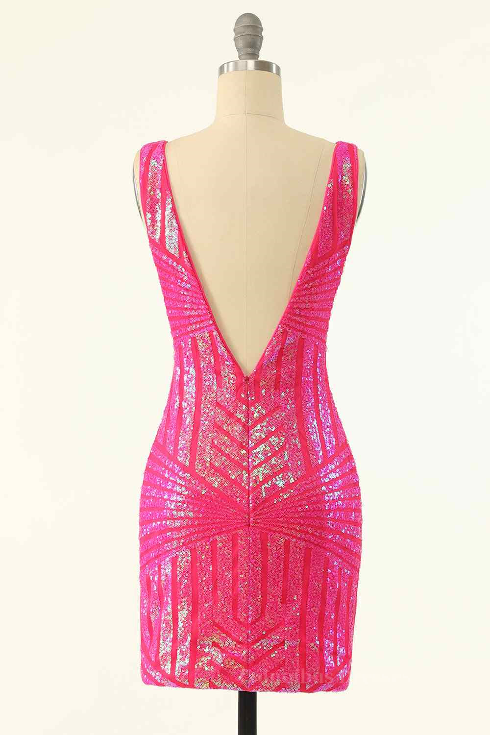 Party Dress Clubwear, Hot Pink Sheath V Neck Sequin-Embroidered Mini Homecoming Dress Main image