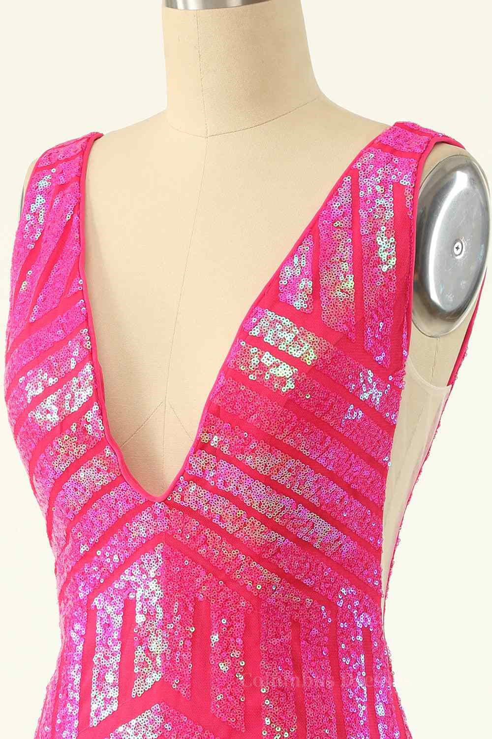 Party Dress Indian, Hot Pink Sheath V Neck Sequin-Embroidered Mini Homecoming Dress
