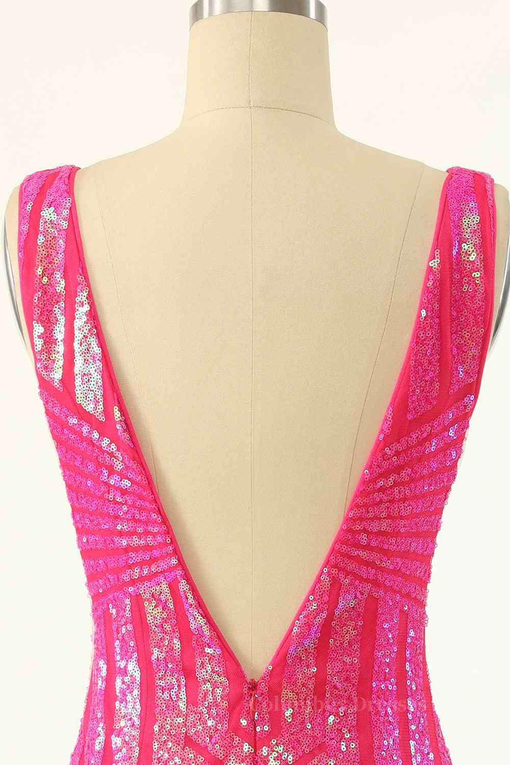 Party Dress Long Sleeve, Hot Pink Sheath V Neck Sequin-Embroidered Mini Homecoming Dress