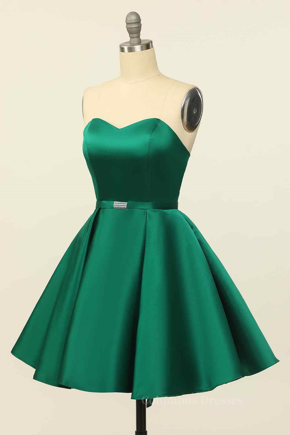 Hunter Green A-line Strapless Satin Mini Homecoming Dress with Beaded Sash Secondary image