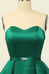 Wedding Theme, Hunter Green A-line Strapless Satin Mini Homecoming Dress with Beaded Sash