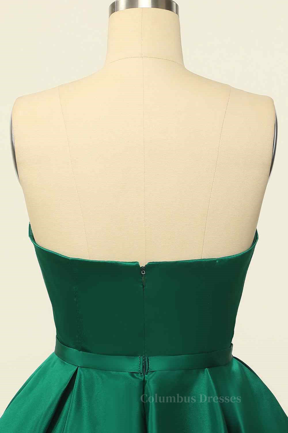 Wedding Flower, Hunter Green A-line Strapless Satin Mini Homecoming Dress with Beaded Sash