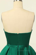 Wedding Flower, Hunter Green A-line Strapless Satin Mini Homecoming Dress with Beaded Sash