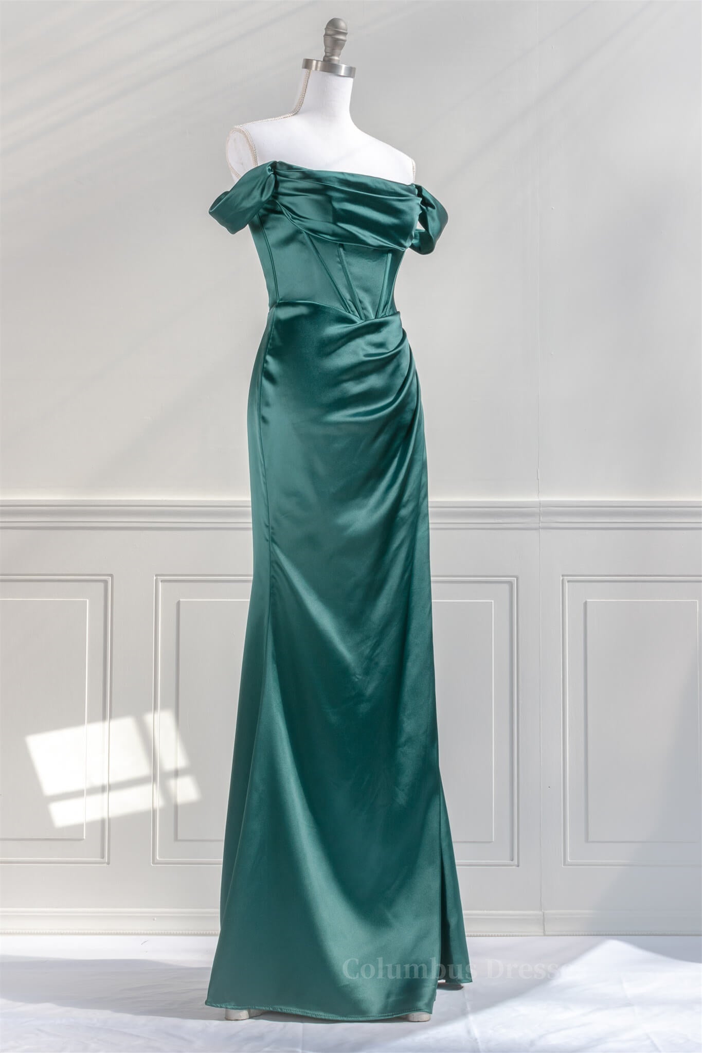 Hunter Green Off-the-Shoulder Satin Mermaid Long Prom Dress with Slit Secondary image