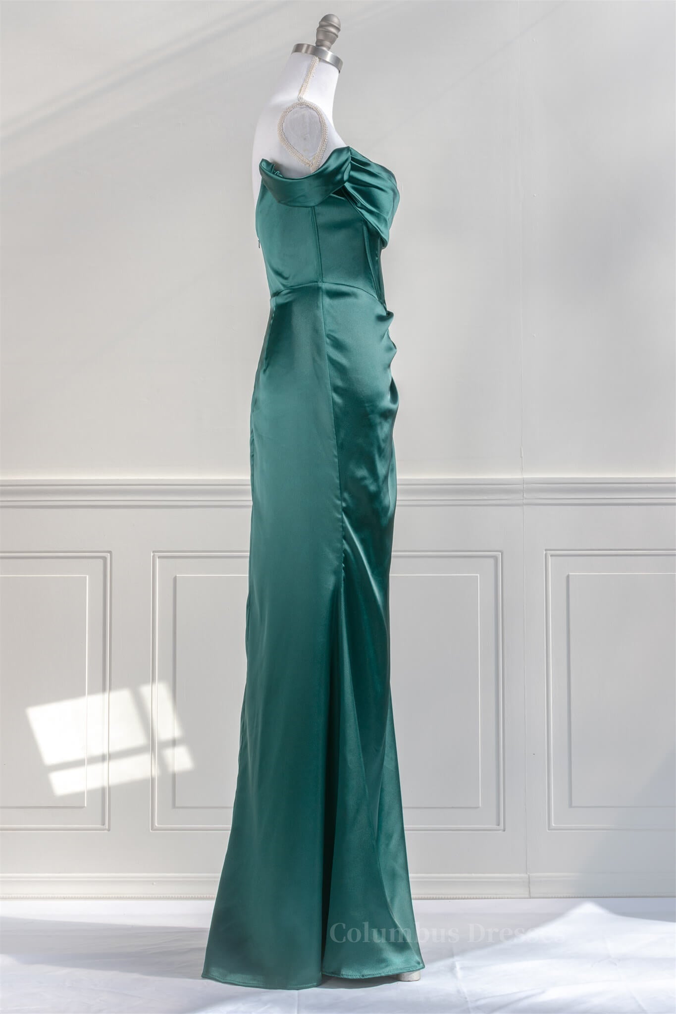 Bridesmaid Dresses Designers, Hunter Green Off-the-Shoulder Satin Mermaid Long Prom Dress with Slit