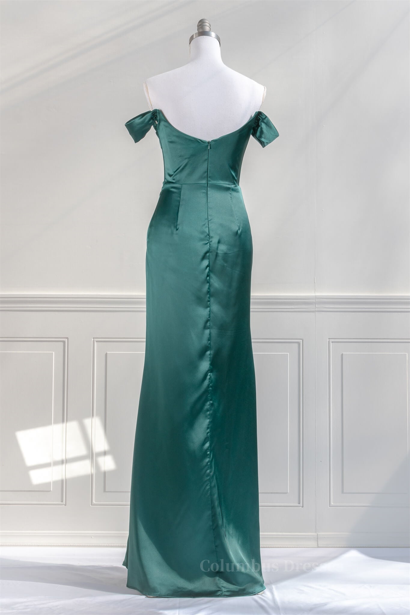 Bridesmaid Dress Design, Hunter Green Off-the-Shoulder Satin Mermaid Long Prom Dress with Slit