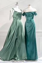 Bridesmaids Dress Online, Hunter Green Off-the-Shoulder Satin Mermaid Long Prom Dress with Slit
