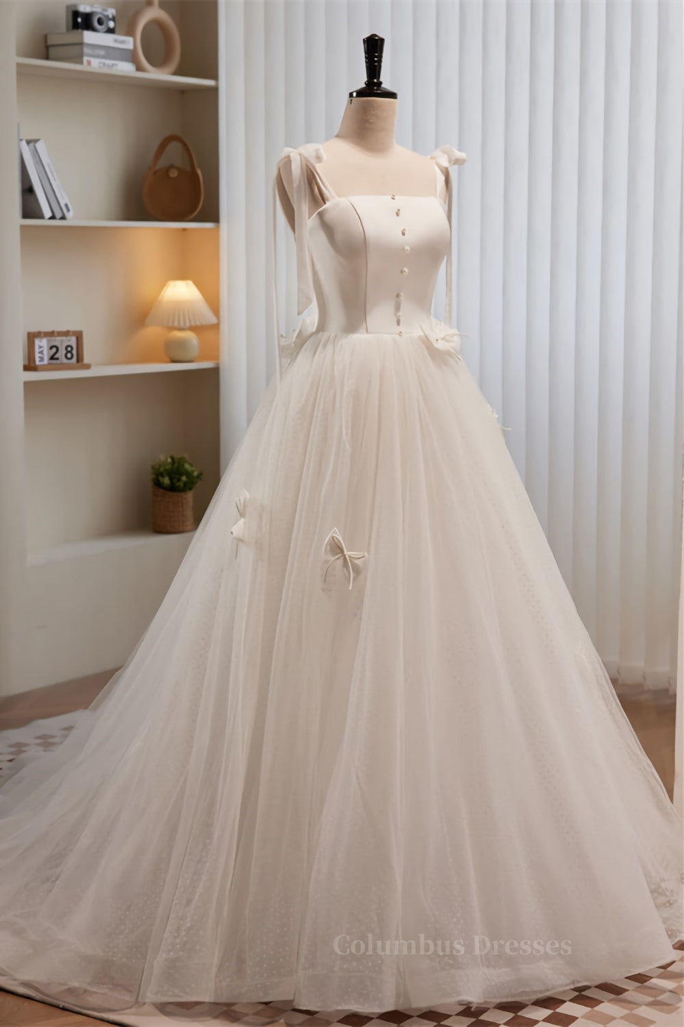 Ivory Bow Tie Shoulder Pearl Bows Tulle Long Wedding Dress Secondary image