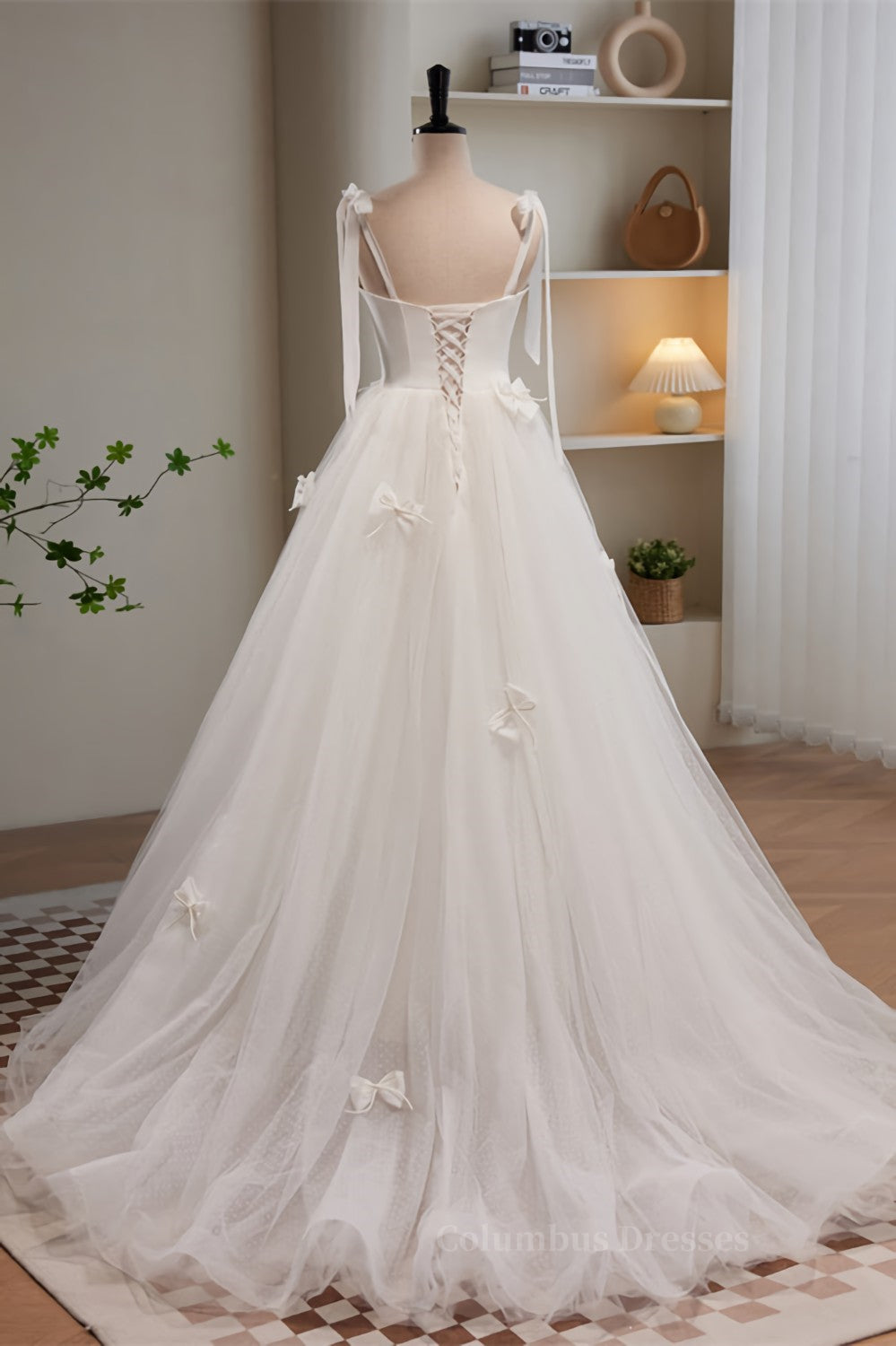Wedding Dress Unique, Ivory Bow Tie Shoulder Pearl Bows Tulle Long Wedding Dress Main image