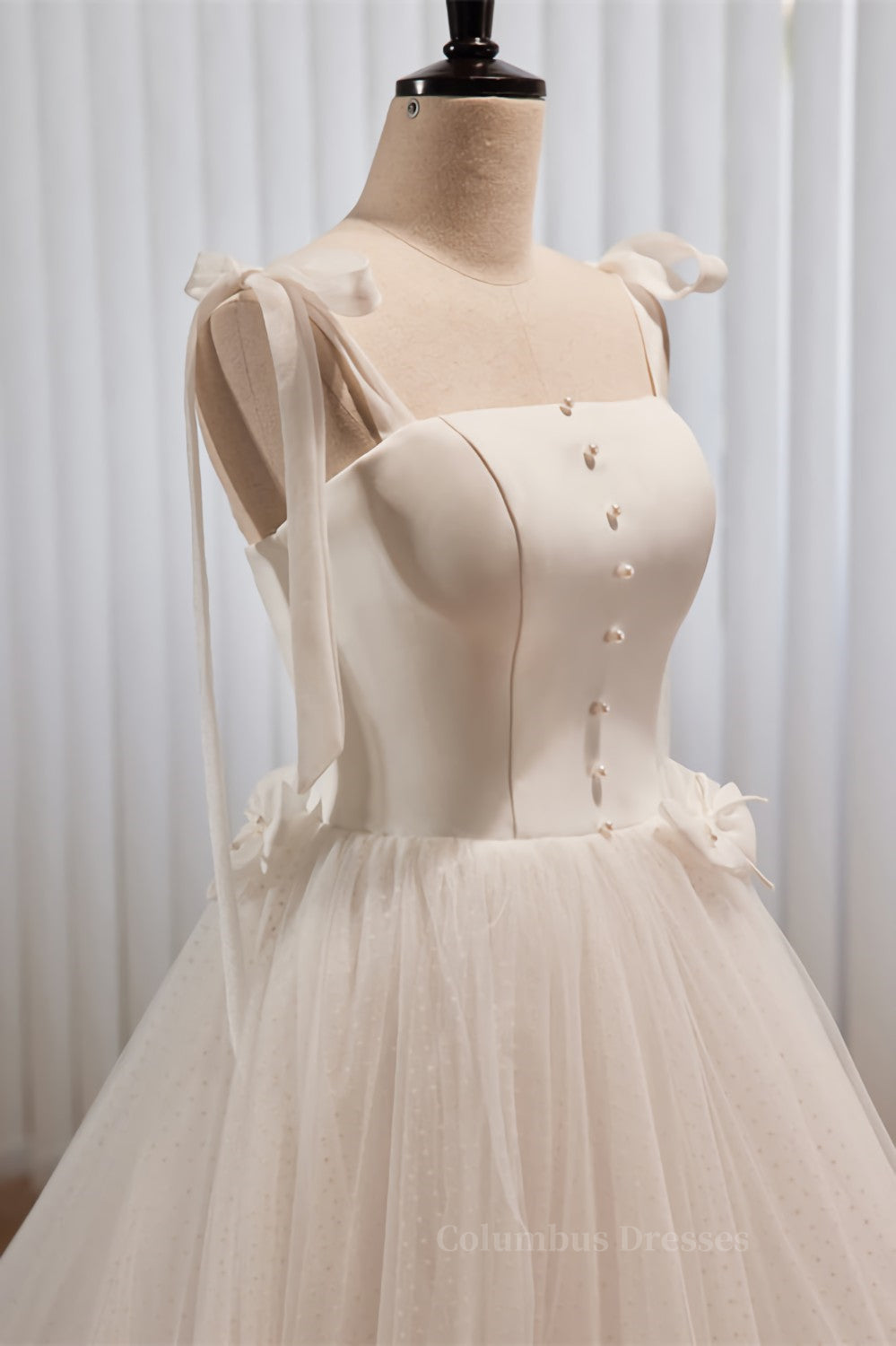 Wedding Dress Gowns, Ivory Bow Tie Shoulder Pearl Bows Tulle Long Wedding Dress