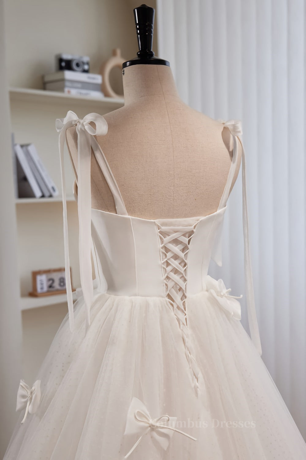 Wedding Dresses Gowns, Ivory Bow Tie Shoulder Pearl Bows Tulle Long Wedding Dress