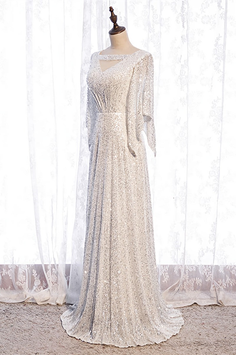 Evening Dresses Store, Ivory Mermaid Sequins Cut-Out Flaunt Sleeves Long Formal Dress