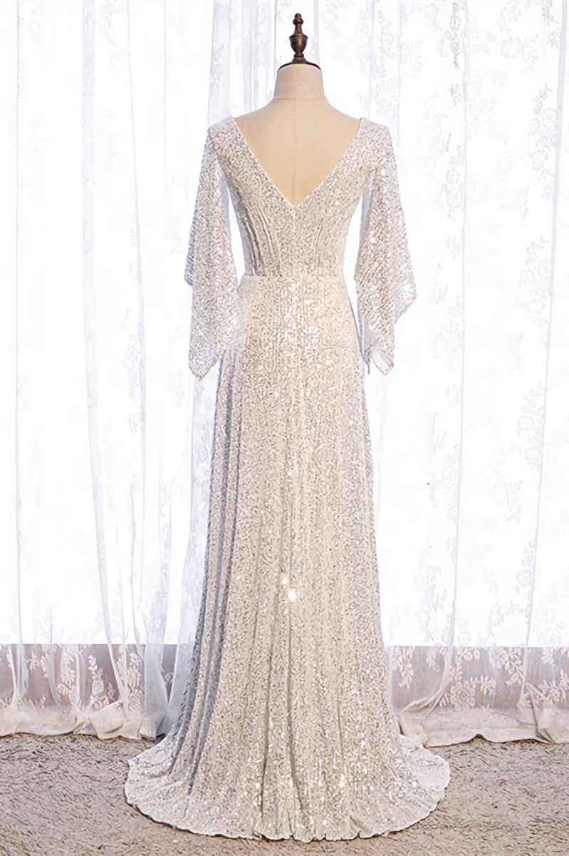 Evening Dresses Short, Ivory Mermaid Sequins Cut-Out Flaunt Sleeves Long Formal Dress Main image