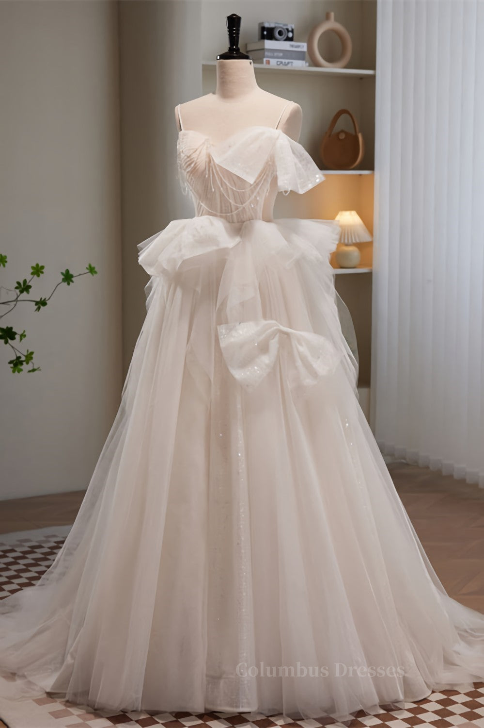 Bridesmaid Dress Different Styles, Ivory Straps Beading Bows Ruffle Pleated Long Prom Dress