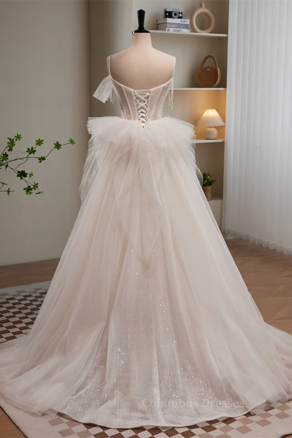 Bridesmaid Dress Inspo, Ivory Straps Beading Bows Ruffle Pleated Long Prom Dress Main image